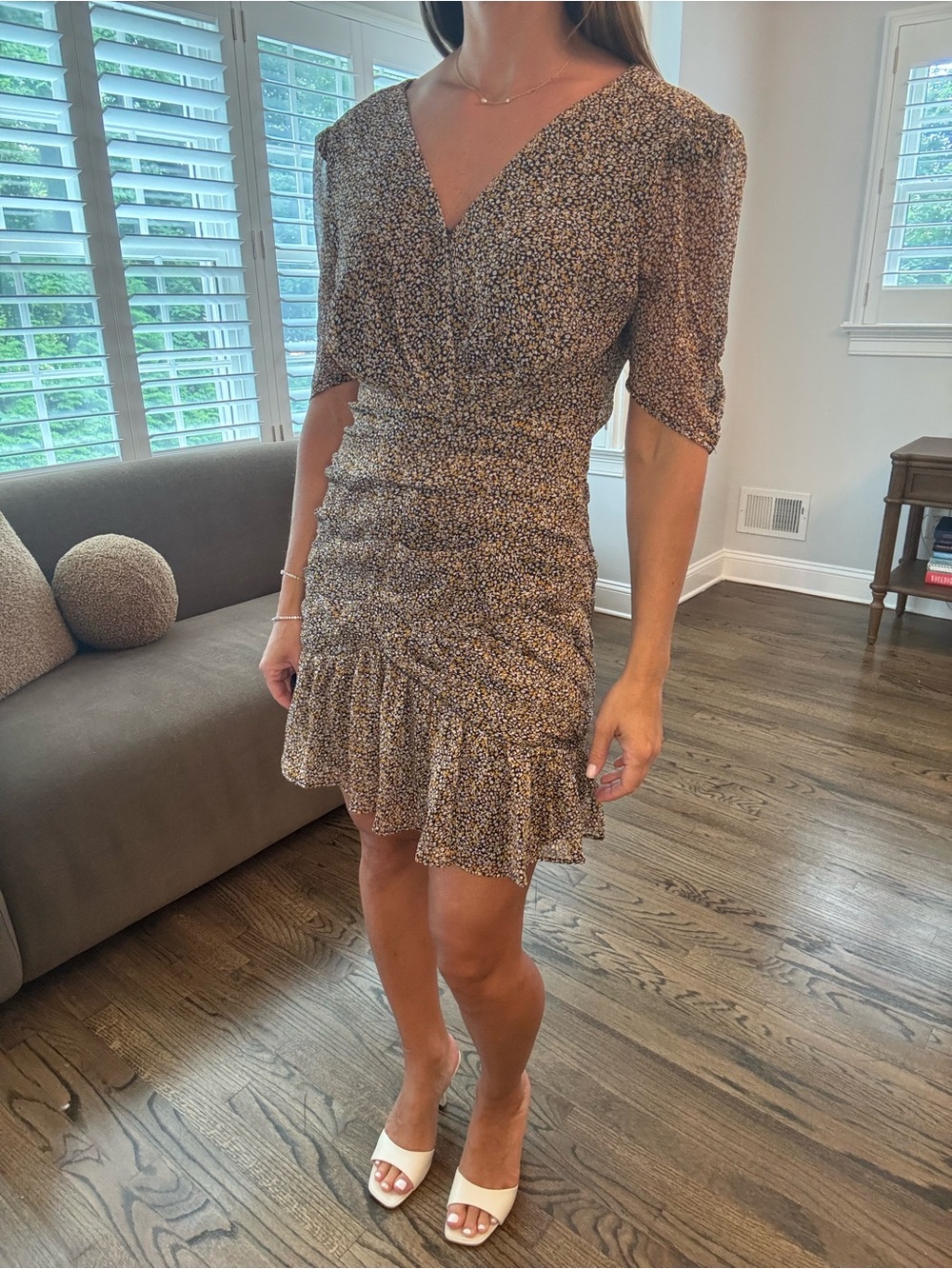 Astr Brown Floral Ruched V-Neck Mini Dress